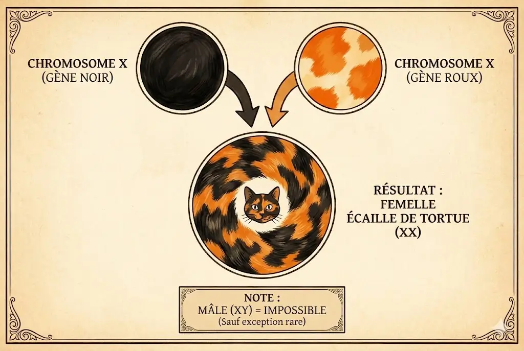Infographie expliquant la génétique du chat écaille de tortue : il faut deux chromosomes X (un porteur du noir, un porteur du roux) pour obtenir cette robe, ce qui explique pourquoi ce sont presque toujours des femelles.