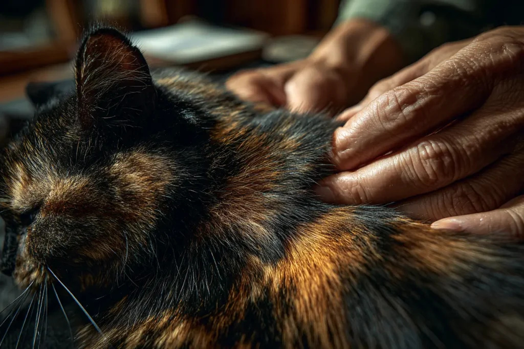 Gros plan sur le brossage du pelage d'un chat écaille de tortue, montrant le mélange unique de poils noirs et roux.