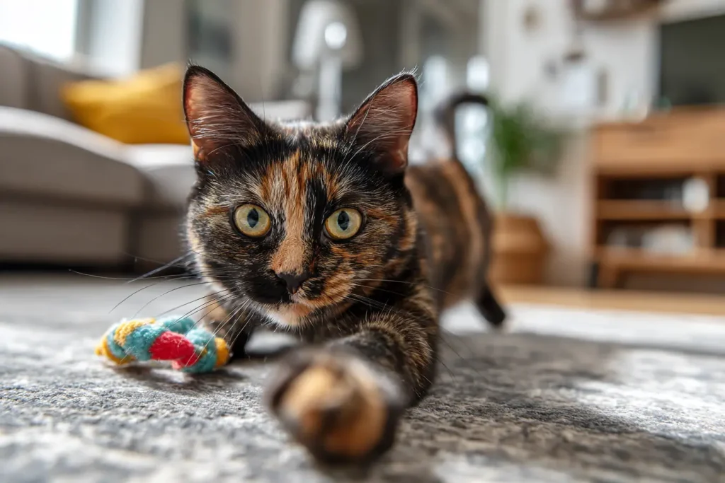 Chat écaille de tortue en pleine action jouant avec une corde, illustrant le besoin de se dépenser.