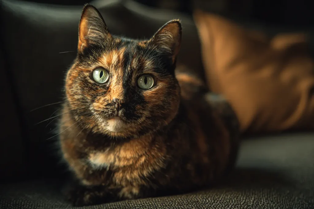 Chat écaille de tortue assis sur un canapé, illustrant le prix et le budget d'un chat.