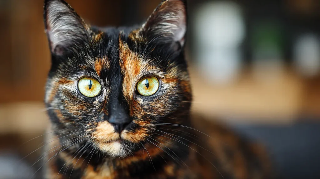 Gros plan sur un chat écaille de tortue race européenne au regard intense, illustrant la diversité de cette robe.