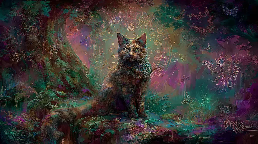 Chatte écaille de tortue dans une forêt mystique, symbole du féminin sacré et de l'intuition féline.