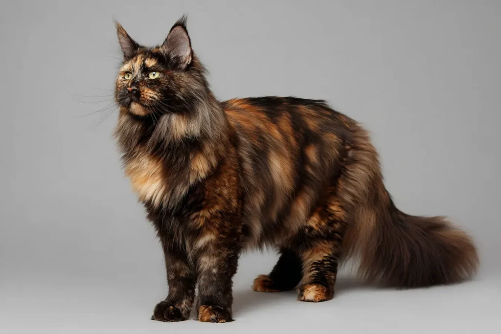 Chat écaille de tortue au gabarit géant et long, type Maine Coon.
