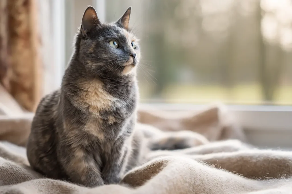 Chat écaille de tortue gris dilué assis sur un plaid beige montrant son pelage bleu crème