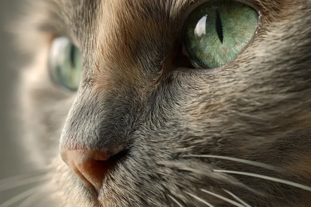 Portrait gros plan profil chat écaille de tortue gris diluée yeux verts pastel