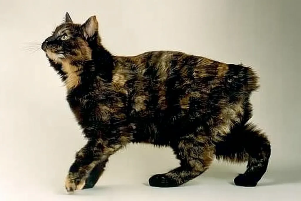 Chat écaille de tortue de race Manx vu de profil, caractérisé par l'absence totale de queue