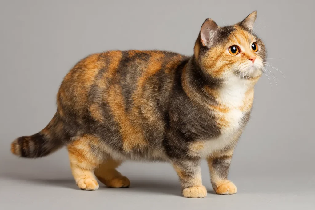 Chat écaille de tortue à la morphologie cobby et trapue, typique du British Shorthair.