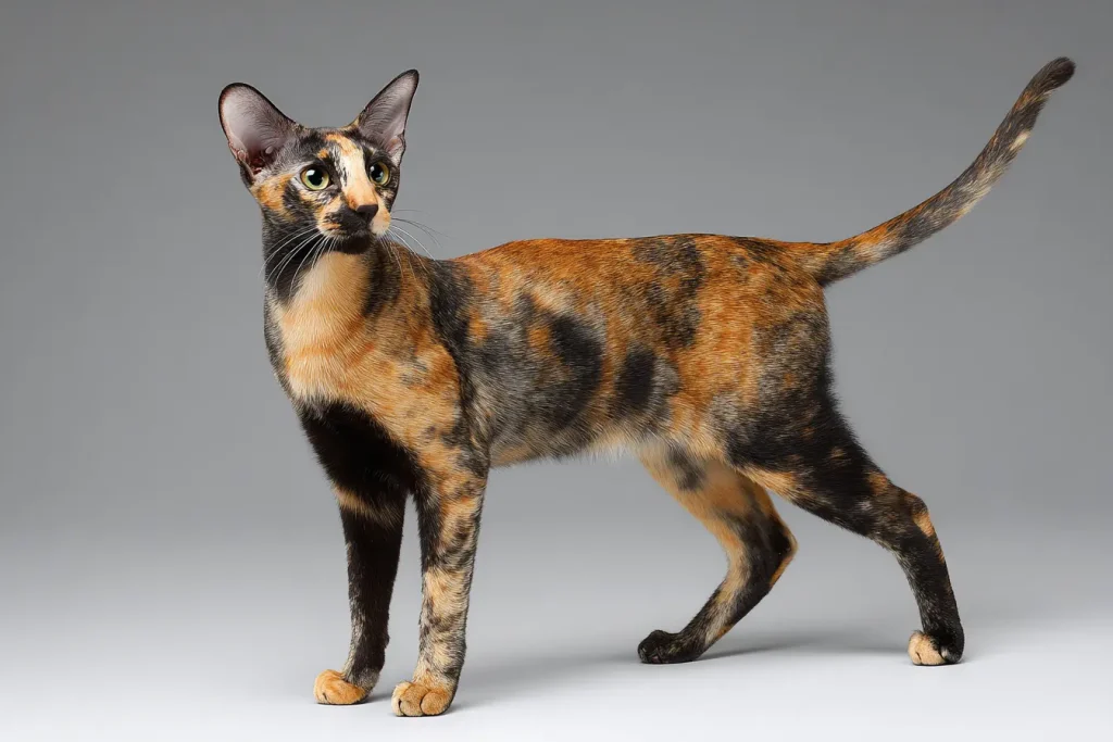 Chat écaille de tortue à la morphologie foreign élancée, type oriental.
