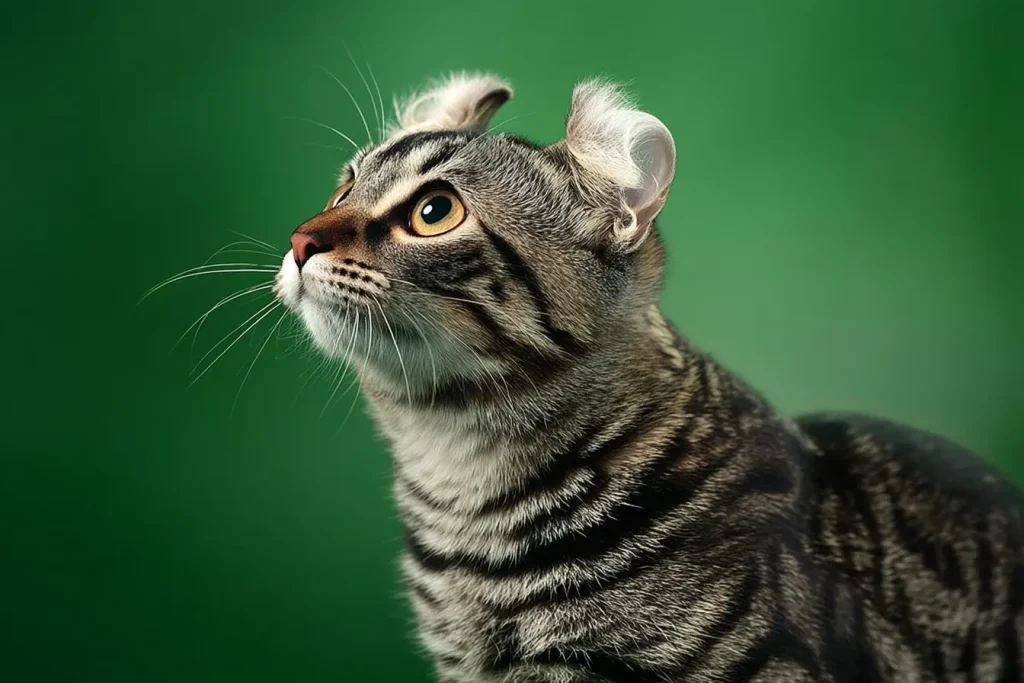 Profil d'un chat montrant les oreilles recourbées vers l'arrière en arc de cercle, caractéristique typique de la race American Curl