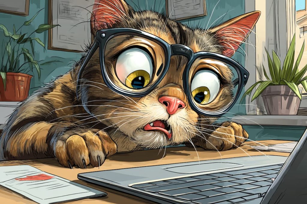 Chat écaille de tortue anime avec des lunettes qui tape "contact" sérieusement sur un ordinateur"