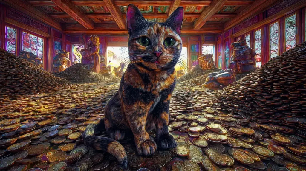 Chat écaille de tortue signification spirituelle : une chatte porte-bonheur dans un temple japonais.