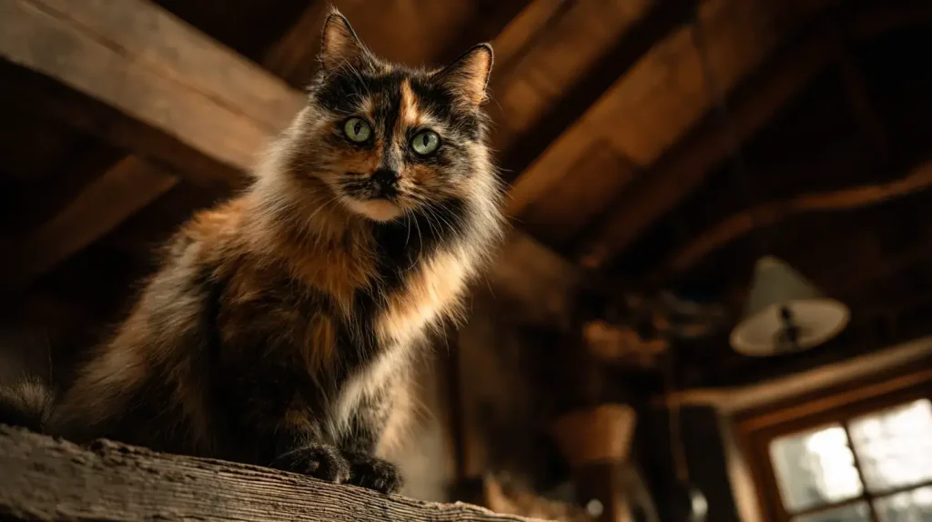 Chatte écaille de tortue perchée en hauteur qui juge avec la fameuse Tortitude.