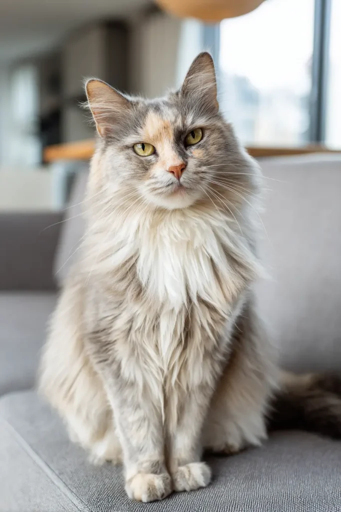 Chat tortie diluée assise sur un fauteuil avec une expression de jugement et une attitude hautaine