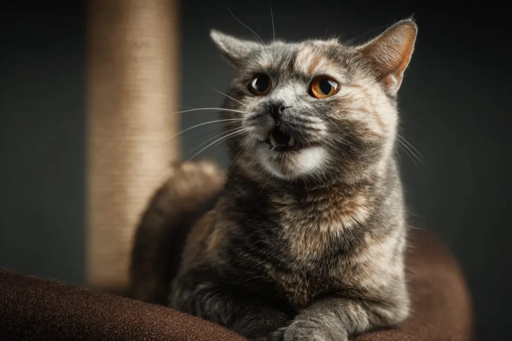 Chat écaille de tortue avec les oreilles rabattues en arrière, un signal d'alerte clair montrant qu'il est agacé et risque de mordre.