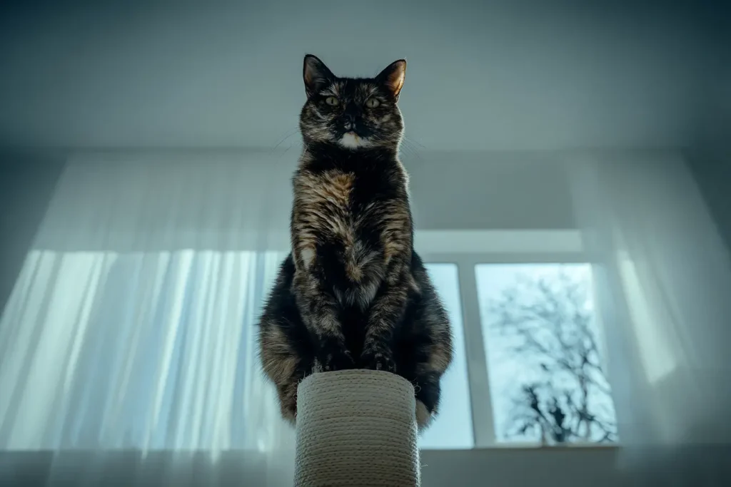 Chat écaille de tortue assis en hauteur sur son arbre à chat près d'une fenêtre, surveillant son territoire comme une reine.