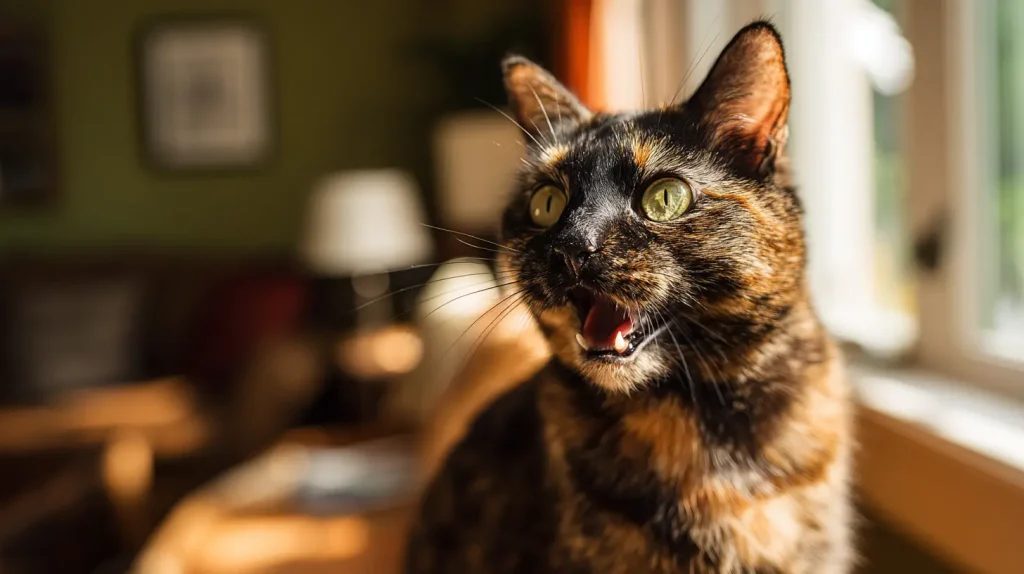 Chat tortue au caractère bien trempé miaulant pour exprimer son mécontentement, illustrant la "Tortitude".