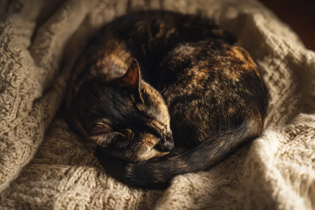 Chat écaille de tortue dormant paisiblement en boule sur une couverture en tricot beige, illustrant le calme et la sérénité.