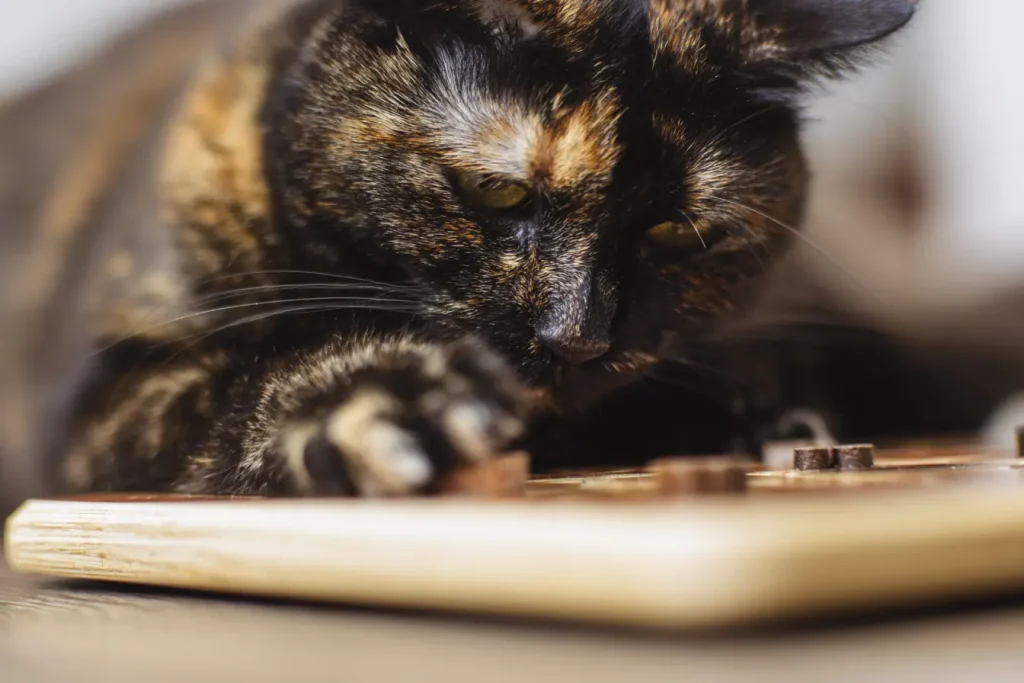 Chat écaille de tortue concentré résolvant un puzzle alimentaire en bois pour stimuler son intelligence.