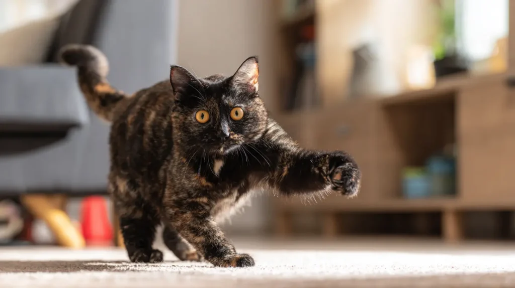 Chat tortue plein d'énergie tendant la patte pour attraper un jouet, illustrant le besoin de jeu et d'activité.