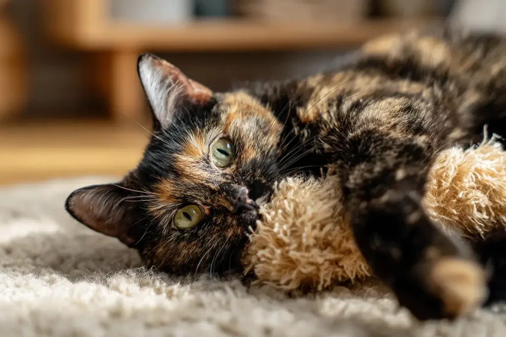 Chat écaille de tortue serrant un jouet Kicker en peluche entre ses pattes pour canaliser son envie de mordre.
