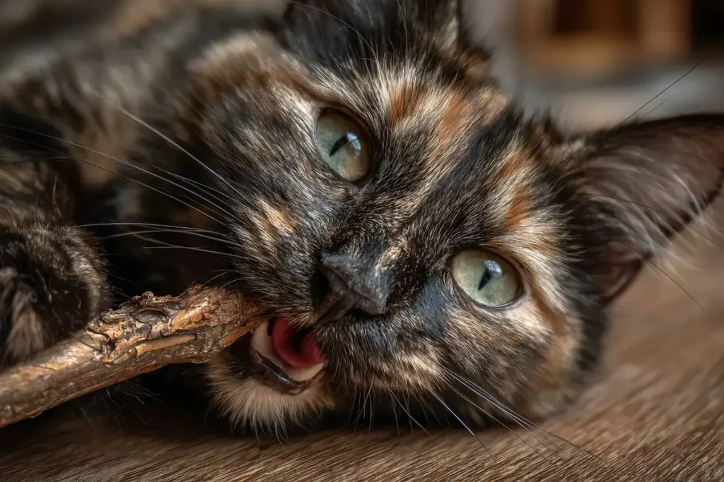 Gros plan sur un chat écaille de tortue mâchouillant avec plaisir un bâton de Matatabi naturel pour se calmer.