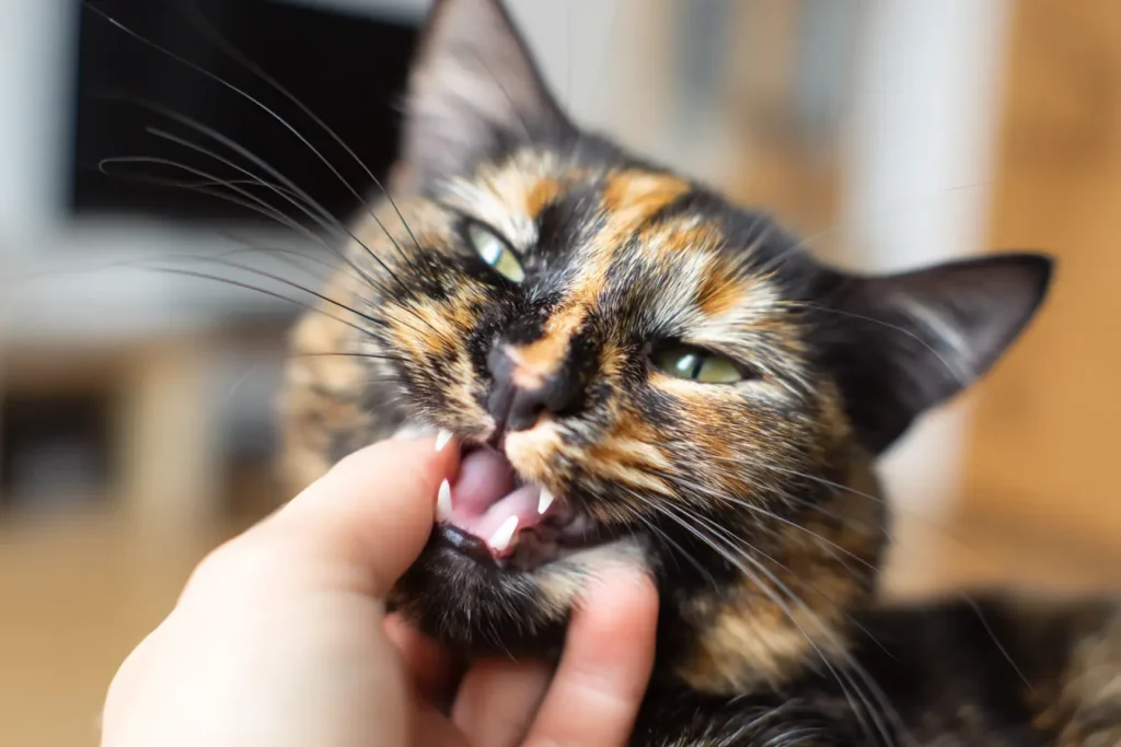 Gros plan sur un chat écaille de tortue qui mordille la main de son propriétaire, illustrant l'erreur de jouer avec les mains.