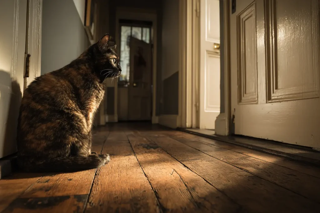 Chat écaille de tortue assis seul dans un couloir lumineux, attendant calmement la fin de son "time-out" après une morsure.