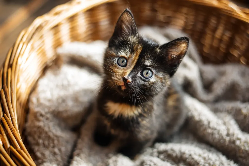 Bébé chat écaille de tortue assis dans un panier en osier, regardant avec espoir pour une adoption en refuge.