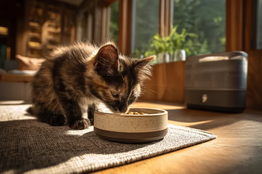 Chaton écaille de tortue race mangeant ses croquettes dans une gamelle en céramique au soleil