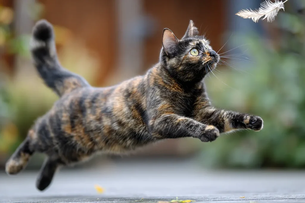 Chat écaille de tortue race sautant en l'air pour attraper un jouet plume canne à pêche