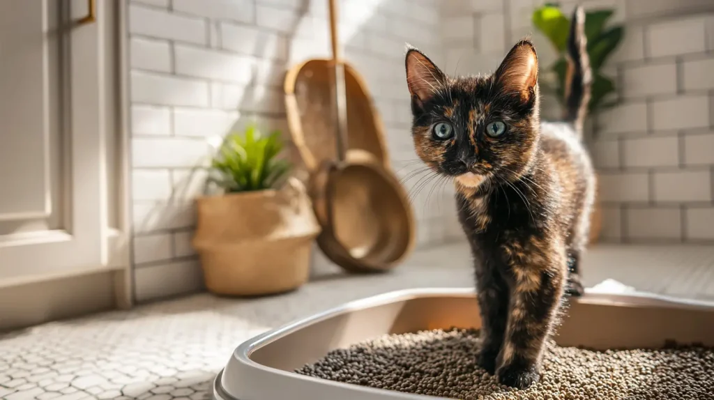 Chaton écaille de tortue race propre dans son bac à litière ouvert dans une salle de bain moderne