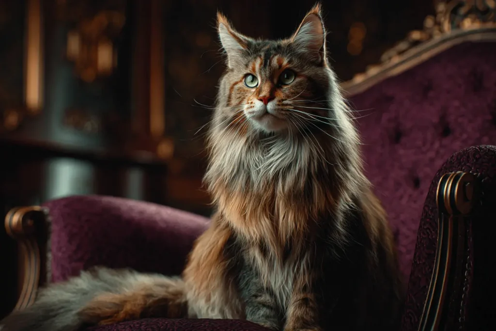 Majestueux chat écaille de tortue Maine Coon posant sur un fauteuil en velours, illustrant le chat de race LOOF.