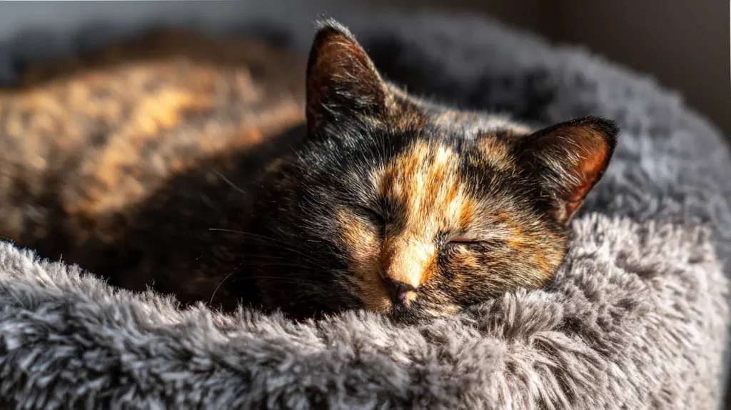 Chat écaille de tortue dormant paisiblement enroulé dans un panier apaisant moelleux au soleil
