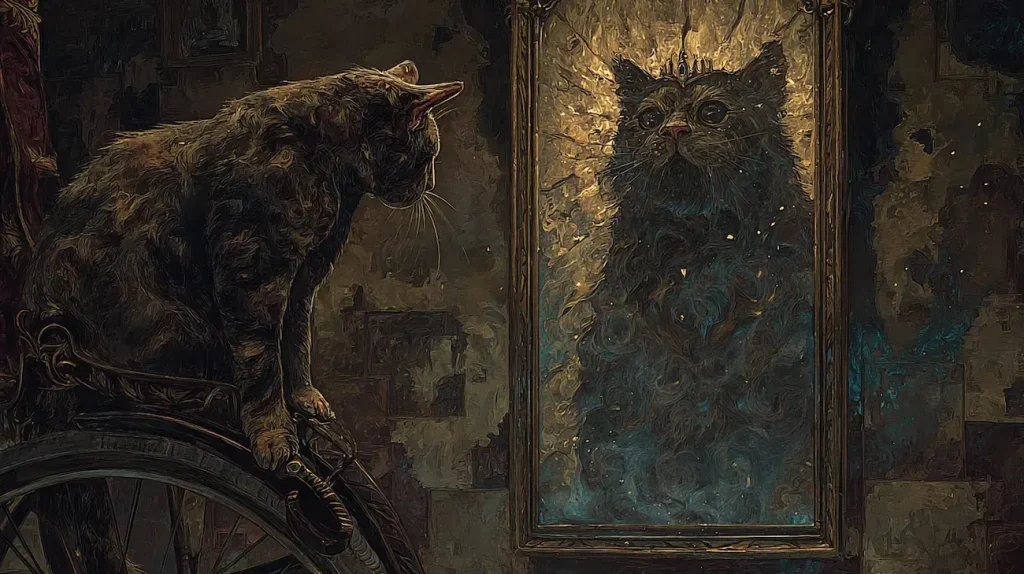 Chat écaille de tortue regardant dans un miroir reflétant une reine couronnée, illustrant sa force de caractère et sa puissance spirituelle.