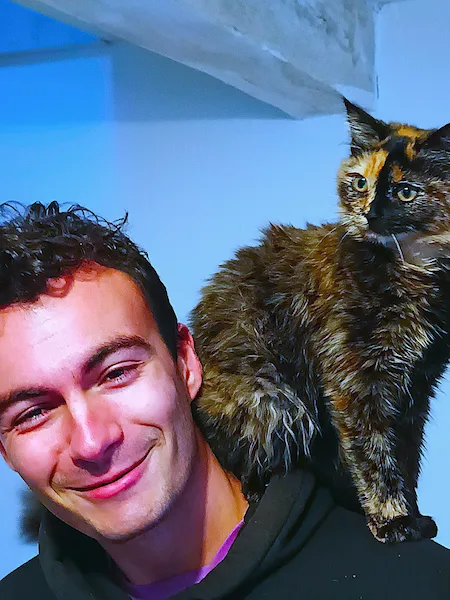 Une chatte écaille de tortue perchée sur l'épaule de son maître, illustrant le lien exclusif et la complicité typique de la Tortitude.