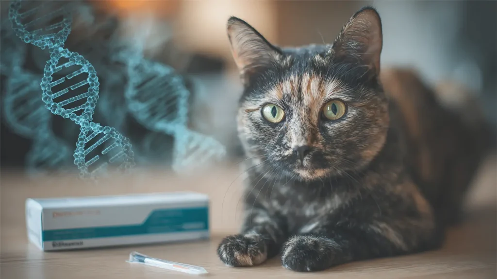 Chat écaille de tortue avec une représentation artistique d'ADN, illustrant la découverte des origines génétiques.