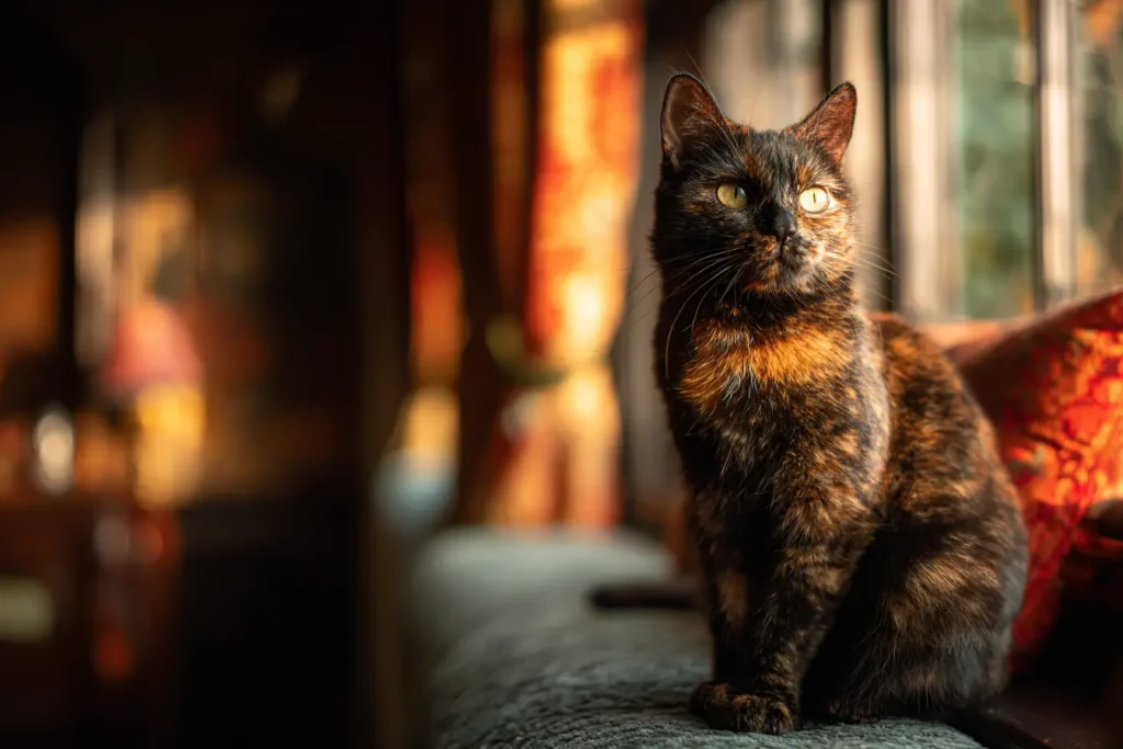 Chat écaille de tortue majestueux assis dans la lumière dorée, illustrant l'espérance de vie exceptionnelle et la longévité record de cette race.