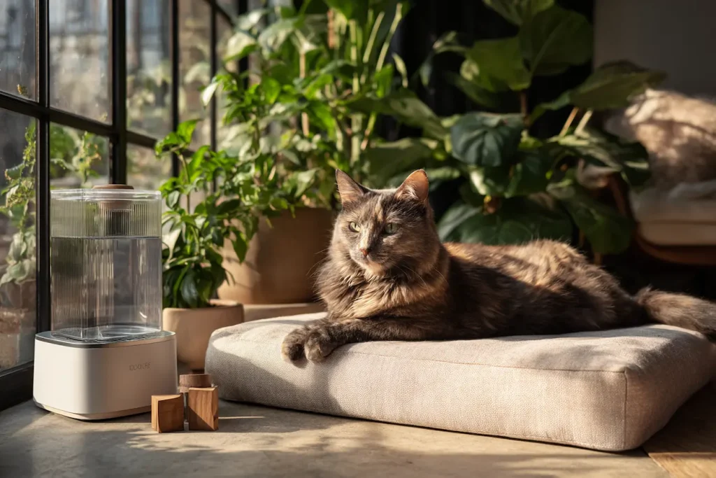 Chat écaille de tortue en bonne santé se reposant sur un lit orthopédique confortable à côté d'une fontaine à eau moderne, illustrant les soins pour maximiser sa longévité