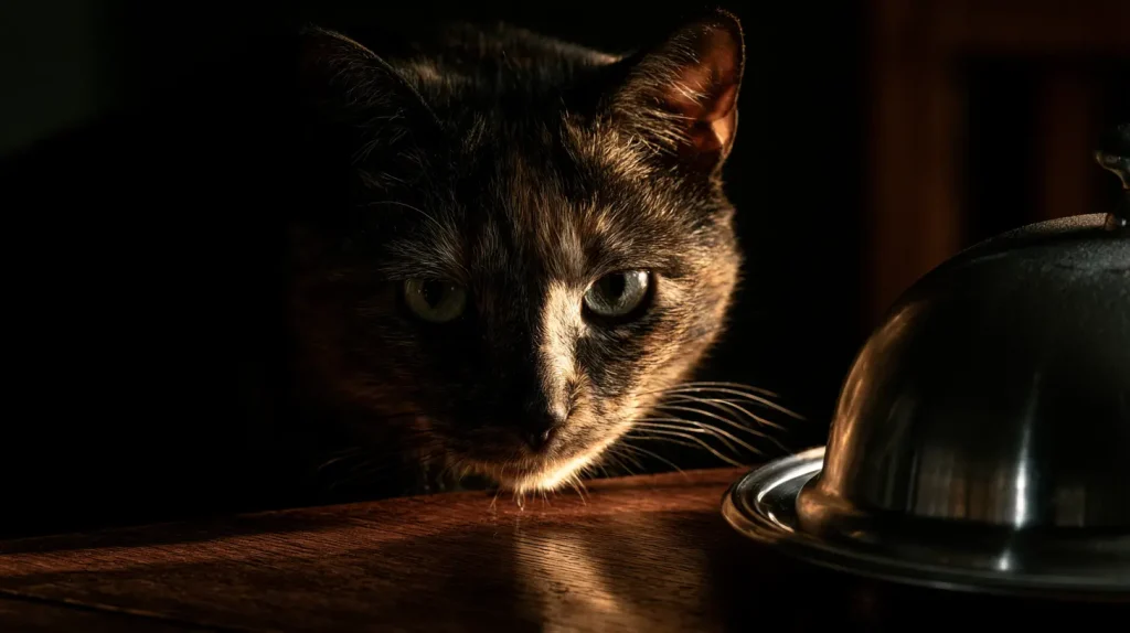 Un chat tortue au regard intense et exigeant attendant sa nourriture pour chat sous une cloche de restaurant gastronomique en argent. Illustration d'un chat difficile face à son repas sur une table en bois vernis.