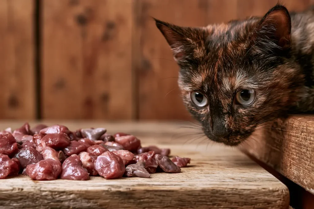Un curieux chat tortue inspectant des morceaux d'abats frais sur une planche en bois rustique, une excellente nourriture pour chat naturelle et économique