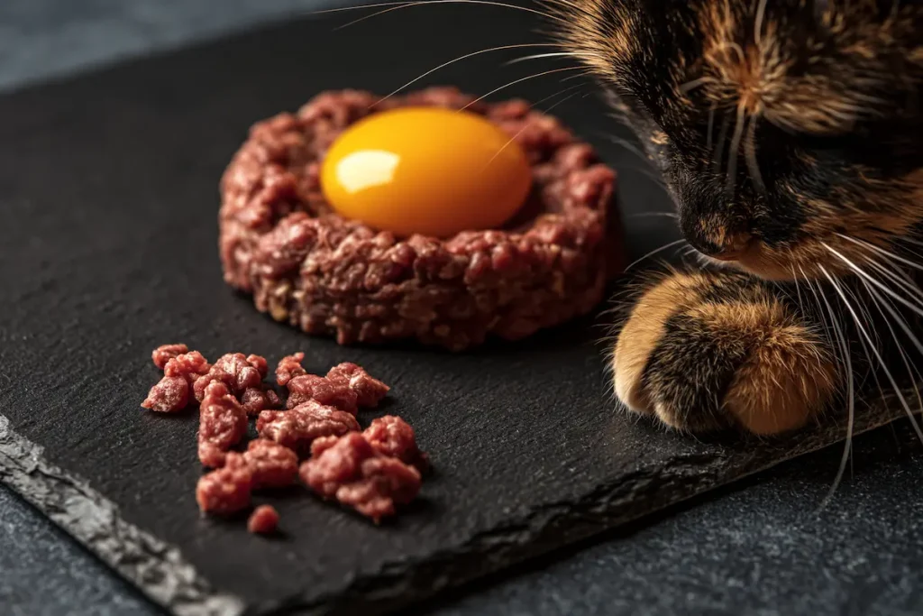 Une patte de chat tortue délicatement posée à côté d'une assiette en ardoise contenant un tartare de bœuf et un jaune d'œuf cru, une nourriture pour chat haut de gamme.