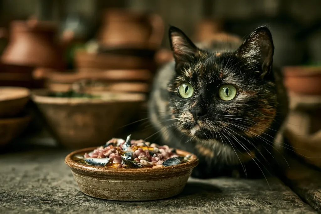 Un superbe chat tortue au regard vert concentré devant une gamelle rustique contenant une nourriture pour chat naturelle à base de sardines fraîches hachées.