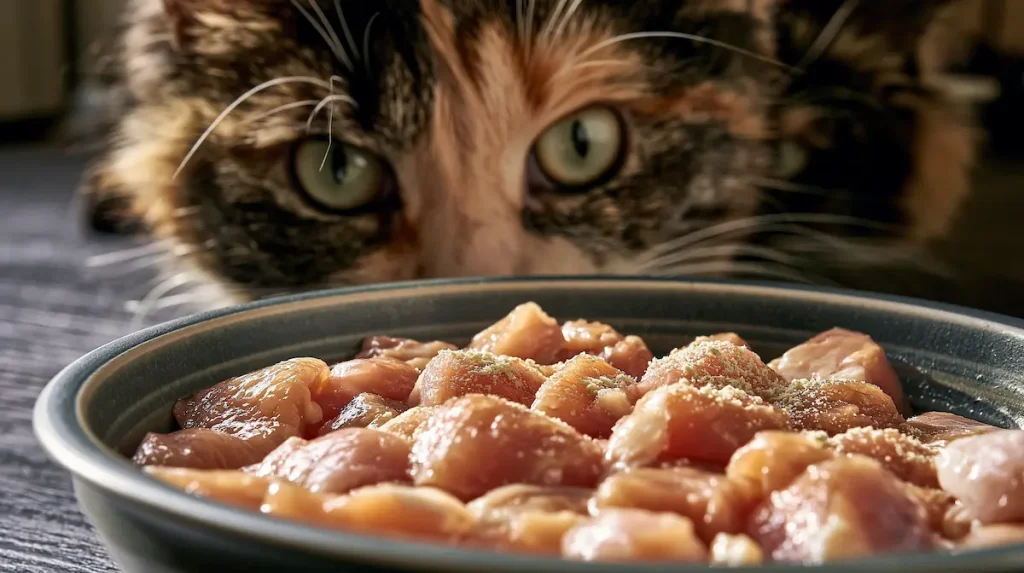 Un magnifique chat tortue aux yeux verts observe fixement sa nouvelle gamelle de nourriture pour chat remplie de dés de poulet cru frais.